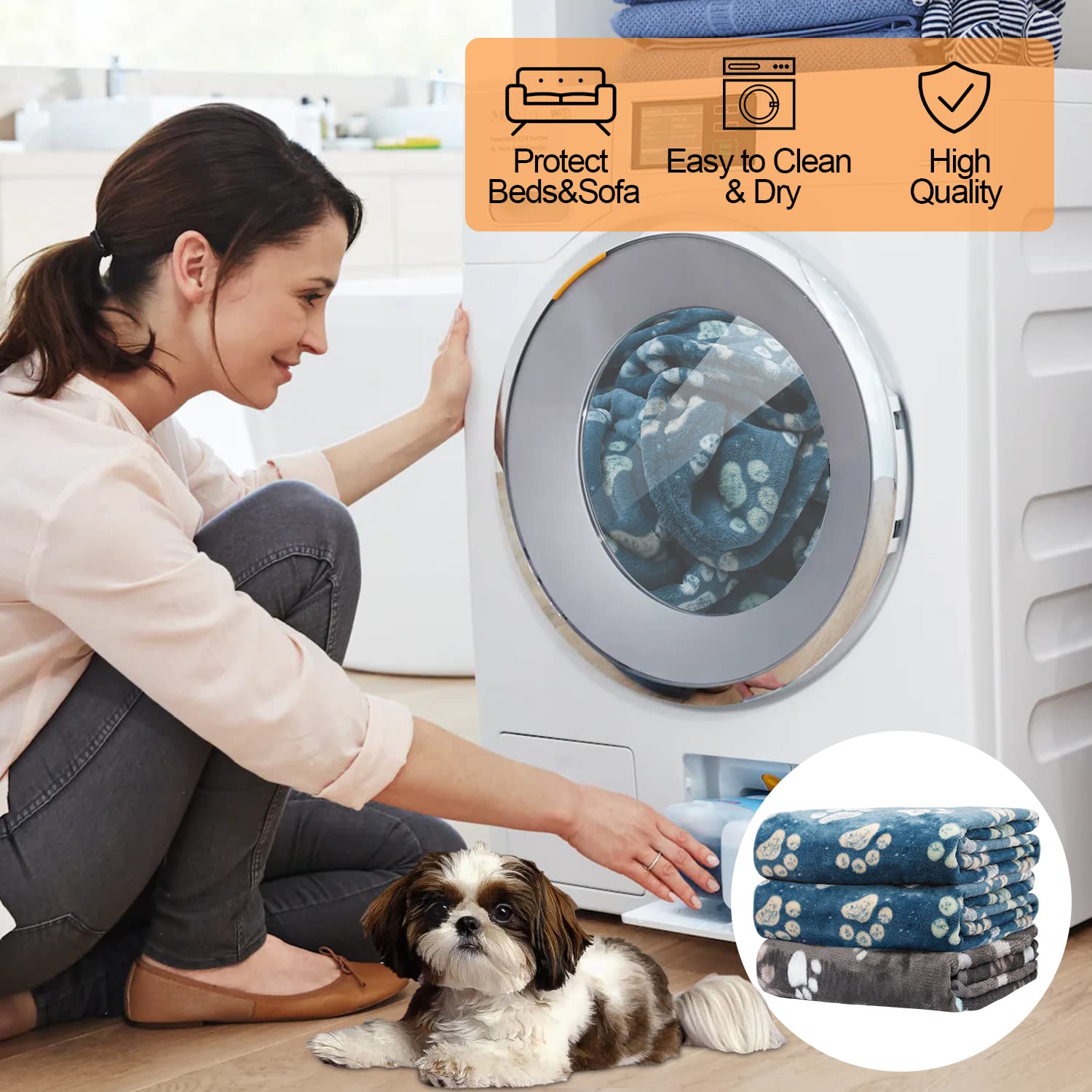 Rezutan 1 Pack 3 Dog Blanket for Large Dogs,41x31 inch for Medium Soft Fluffy Washable Pet Cat Blankets,Reversible Elephant & Paw Print for Dog Kennels & Beds, Sofas, Blue