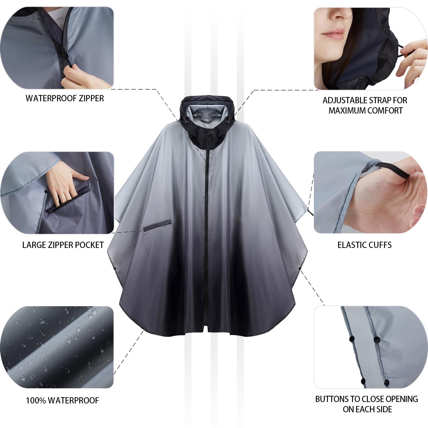 Rain Poncho Jacket Coat Hooded Zipper Style for Women/Men/Adult with Pocket