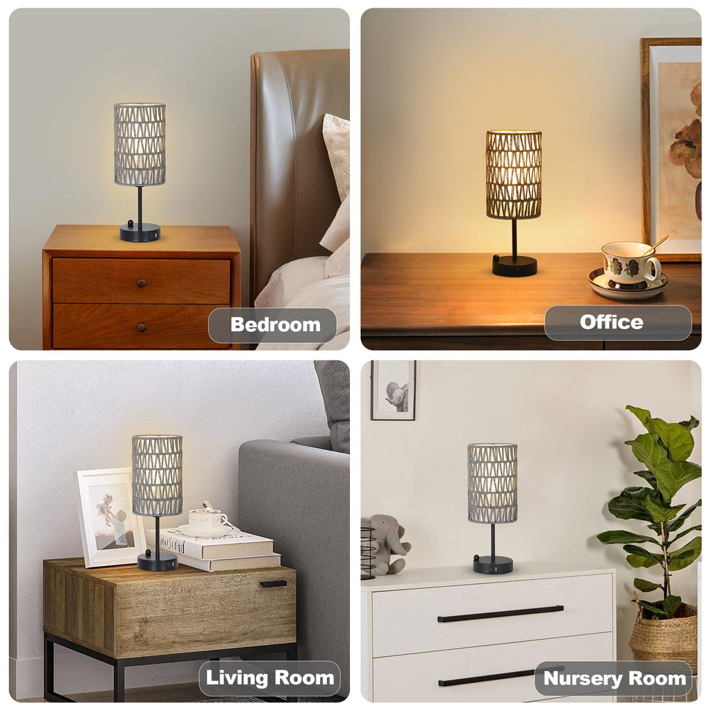 Rattan Bedside Table Lamps Set of 2 - Boho Lamps With 3 Color Temperatures & USB AC Port, Pull Chain Table Lamp For Bedroom, Cute Small Lamp For Nightstand Office Desk Bed Side End Table Living Room