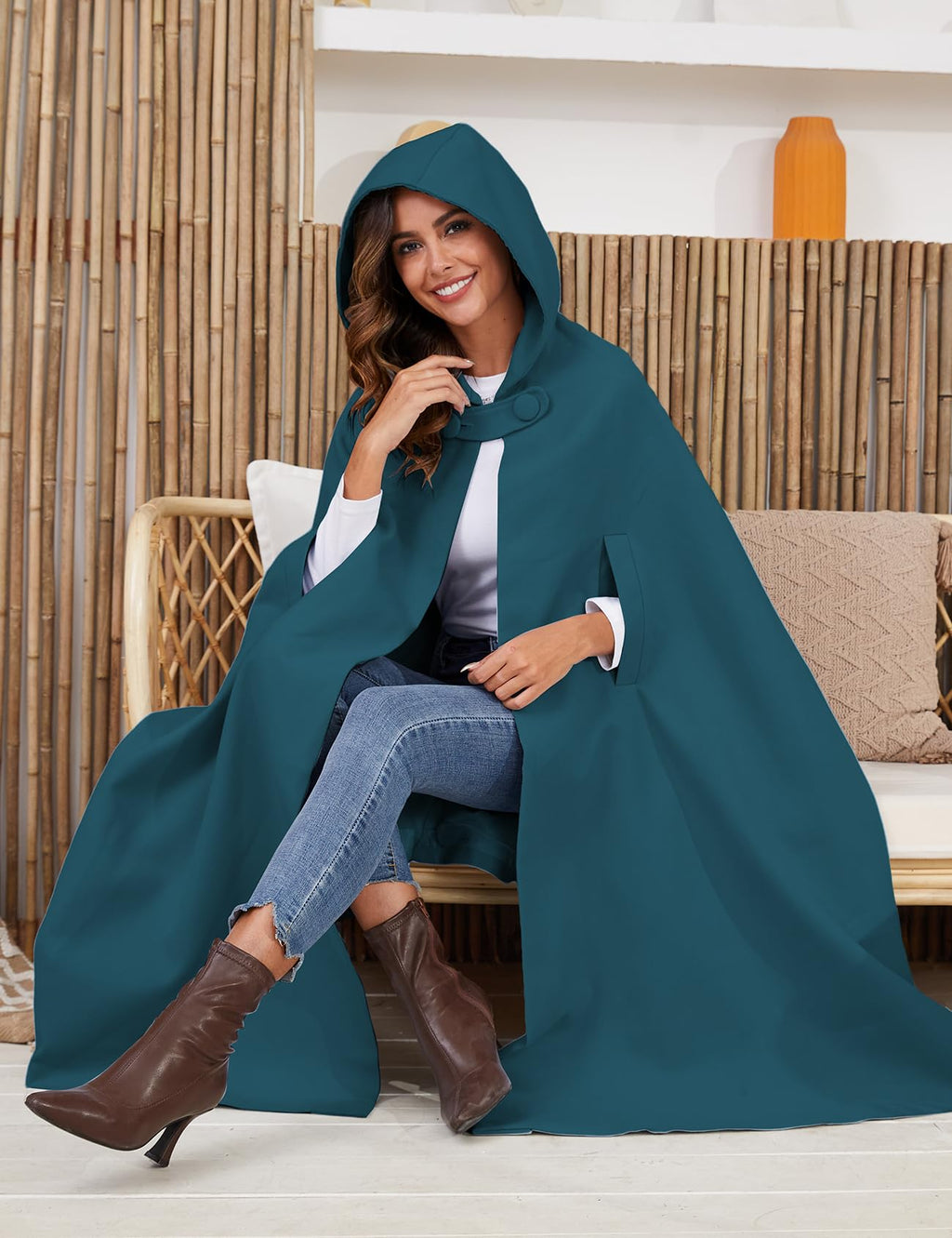 Gihuo Cape Poncho Women's Hooded Maxi Cloak Coat Winter Warm Long Cloak Cosplay Costumes Outerwear