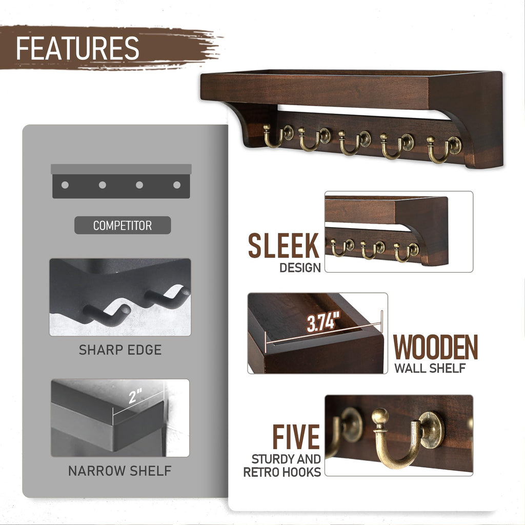 Rebee Vision Acacia Wood Farmhouse Key Holder Wall Mount for Room Decor – Retro Key Holder for Wall with Shelf for Cute Things– Stylish Home Storage for Apartment Essentials (Acacia Wood)