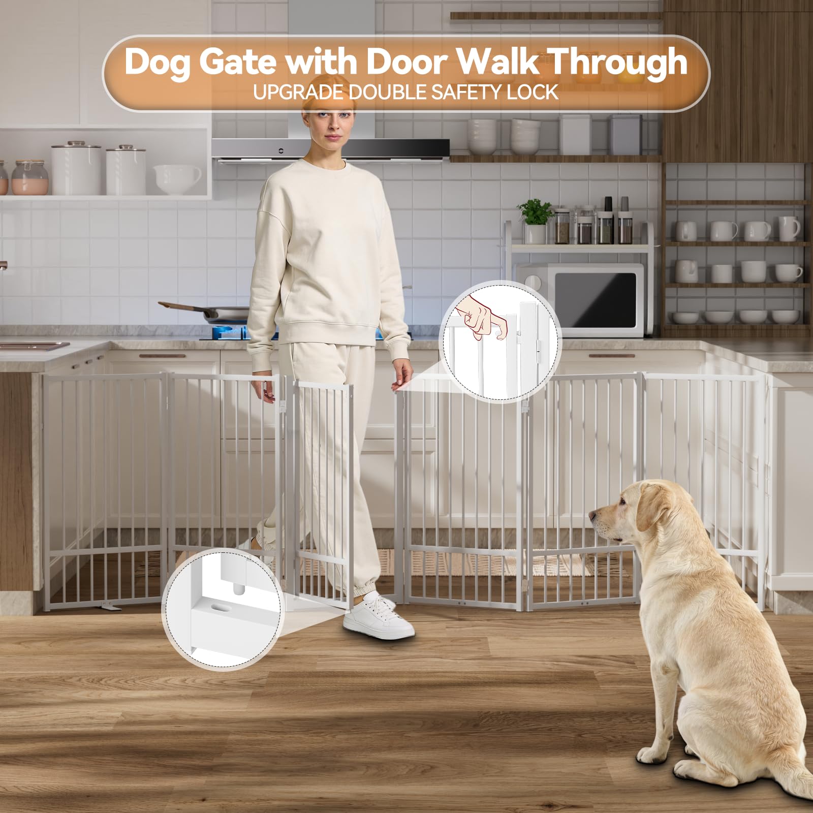 SNUOWU Full Metal Freestanding Dog Gate with Door, 24'' Height Foldable Pet Dog Fence for Indoor & Outdoor, 2 Panels Extra Wide Free Standing SmallDog Gates for Doorways,House,Stairs,Porch,Deck,Yard