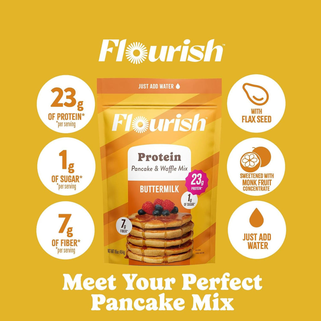 Flourish Protein Pancake & Waffle Mix, with Whey Protein & Flax Seed, No Added Sugar, High in Protein & Fiber - Just Add Water - Birthday Cake Flavour 16oz (2 pack)