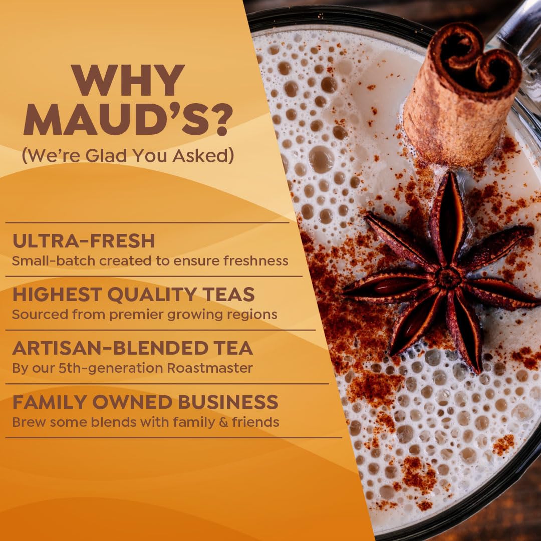 Maud's Chai Tea Latte Pods, 18 ct, Single Serve Tea Pods - 100% Gourmet Blended Tea Leaves, Compatible with Keurig K Cups Maker