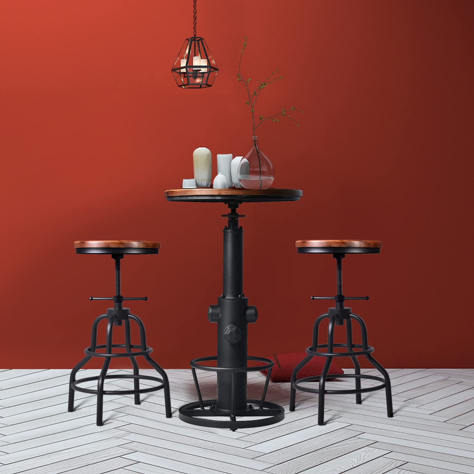LOKKHAN Industrial Bar Table 38.6"-48.4" Height Adjustable Swivel Round Wood Tabletop 23.7" Dia, Kitchen Dining Office Coffee Bistro Pub Table (Aged Blue)