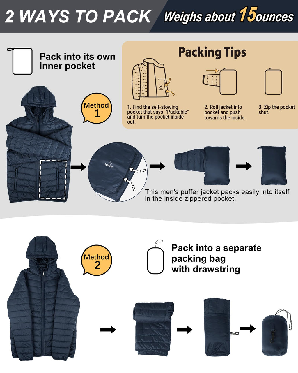 Outdoor Ventures Men's Lightweight Packable Hooded Puffer Jacket Insulated Winter Coat for Snow Ski Traveling
