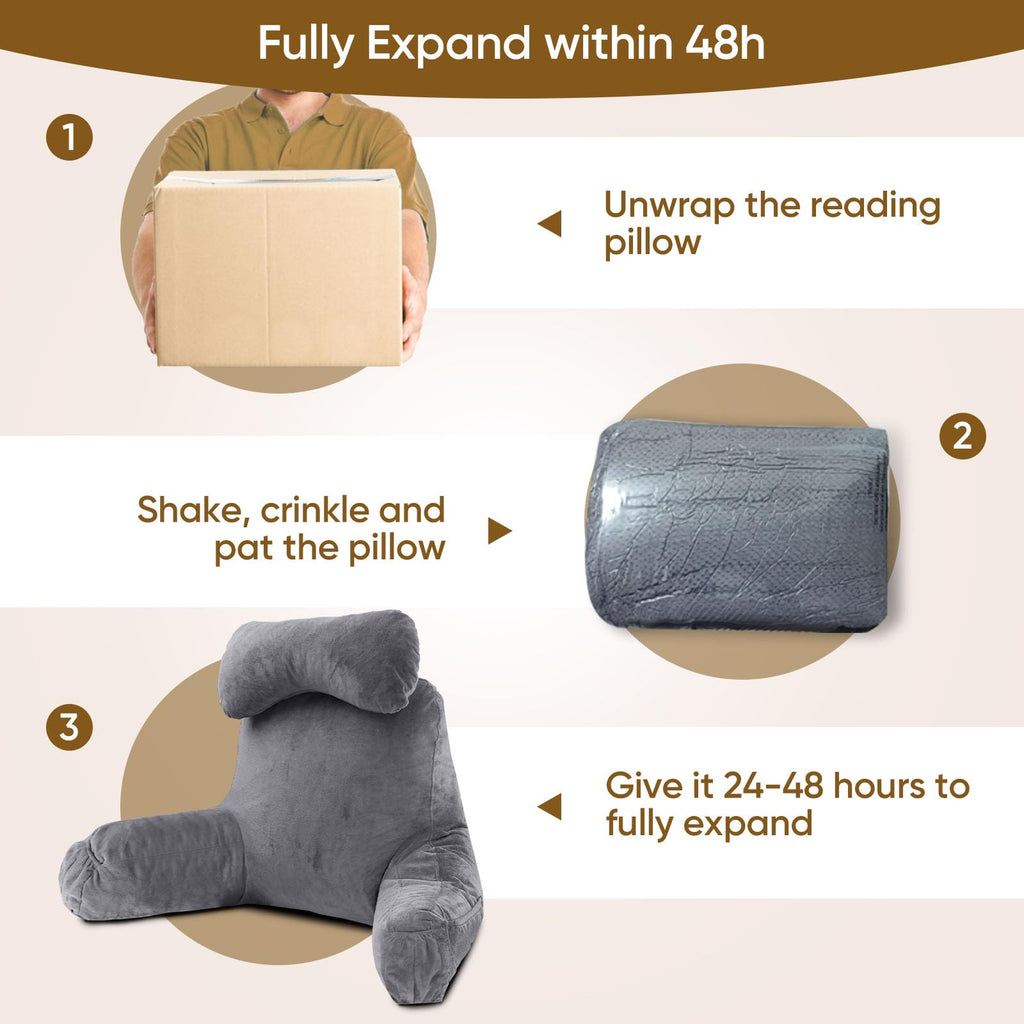 OAISZ Reading Pillow for Sitting in Bed Adult, Reading Pillow with Shredded Memory Foam, Bed Pillow with Washable Cover, Back Pillow Sitting Up with Extend Arms, Beige, X-Large