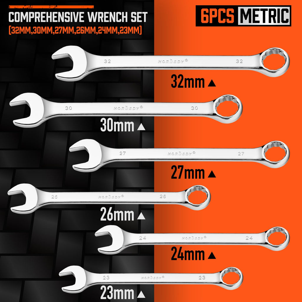 HORUSDY Large Wrench Set with Rolling Pouch | Metric | 6-Piece | 23mm, 24mm, 26mm, 27mm, 30mm, 32mm | 12 Point | Chrome Vanadium Steel