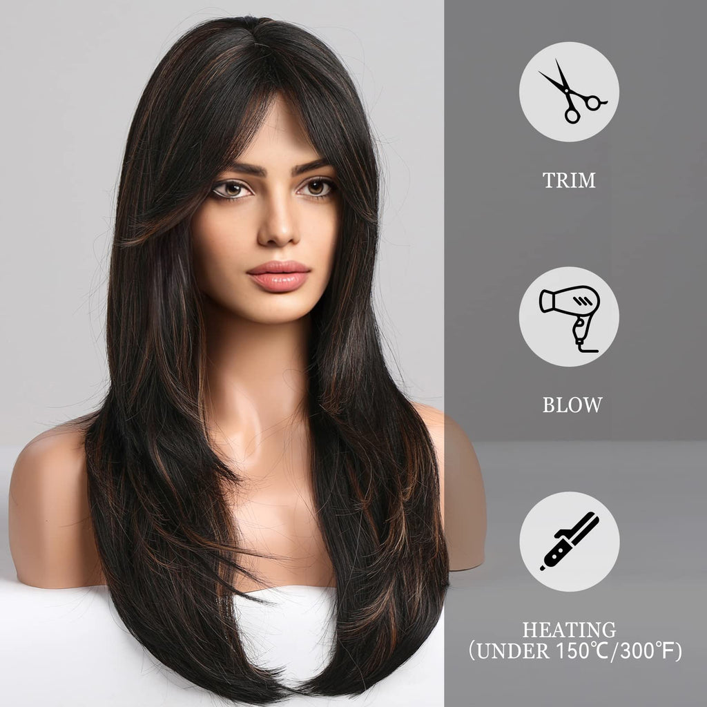 HAIRCUBE Auburn Wigs for Women,Long Layered Orange Wigs with Bangs Heat Resistant Synthetic Fibre Wigs(pelucas de cabello natural)