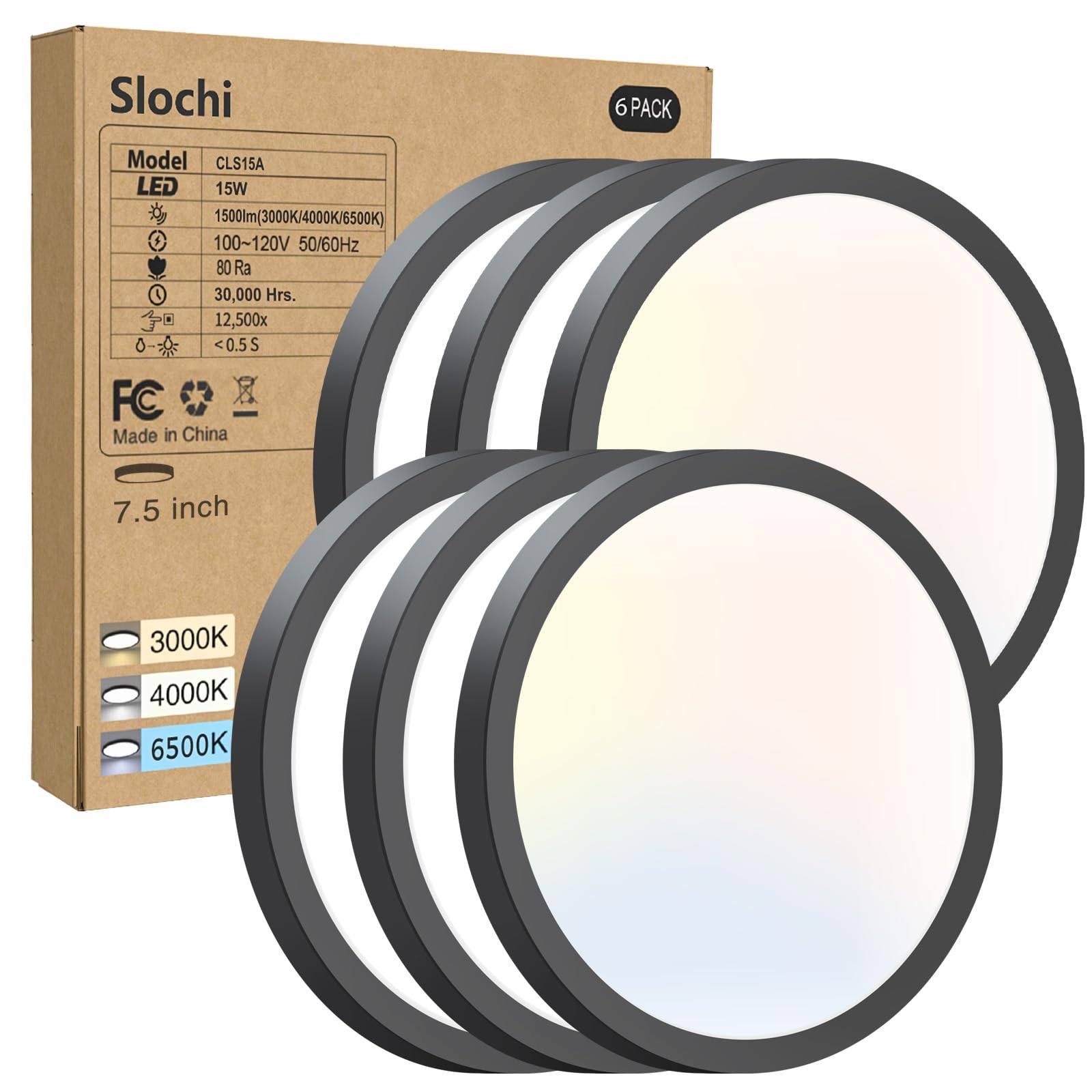 1PACK LED Flush Mount Ceiling Light Fixture, 3000K-4000K-6500K & 100W Equivalent Modern Kitchen Ceiling Lamp 15W 1500Lm 7.5 Inch Closet Round Surface for Bathroom Laundry Bedroom Hallway, Black