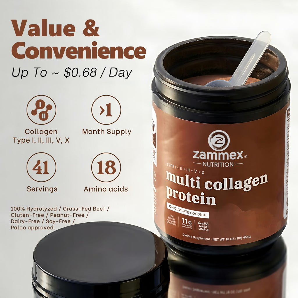 Zammex Multi Collagen Protein Powder, Type I & III & V & X, Hydrolyzed Collagen Peptides for Women & Men, Supports Hair and Skin, Gut Health, 41 Servings, Chocolate
