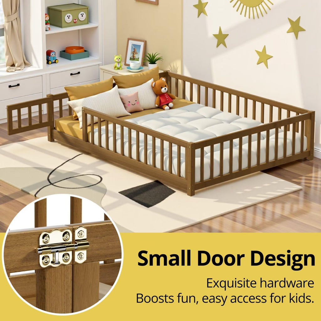 i-POOK Queen Floor Bed for Children, Sturdy Wood Montessori Bed Frame with Wood Slats, High Fence & Small Door for Girls and Boys, Espresso (with Bed Slats)