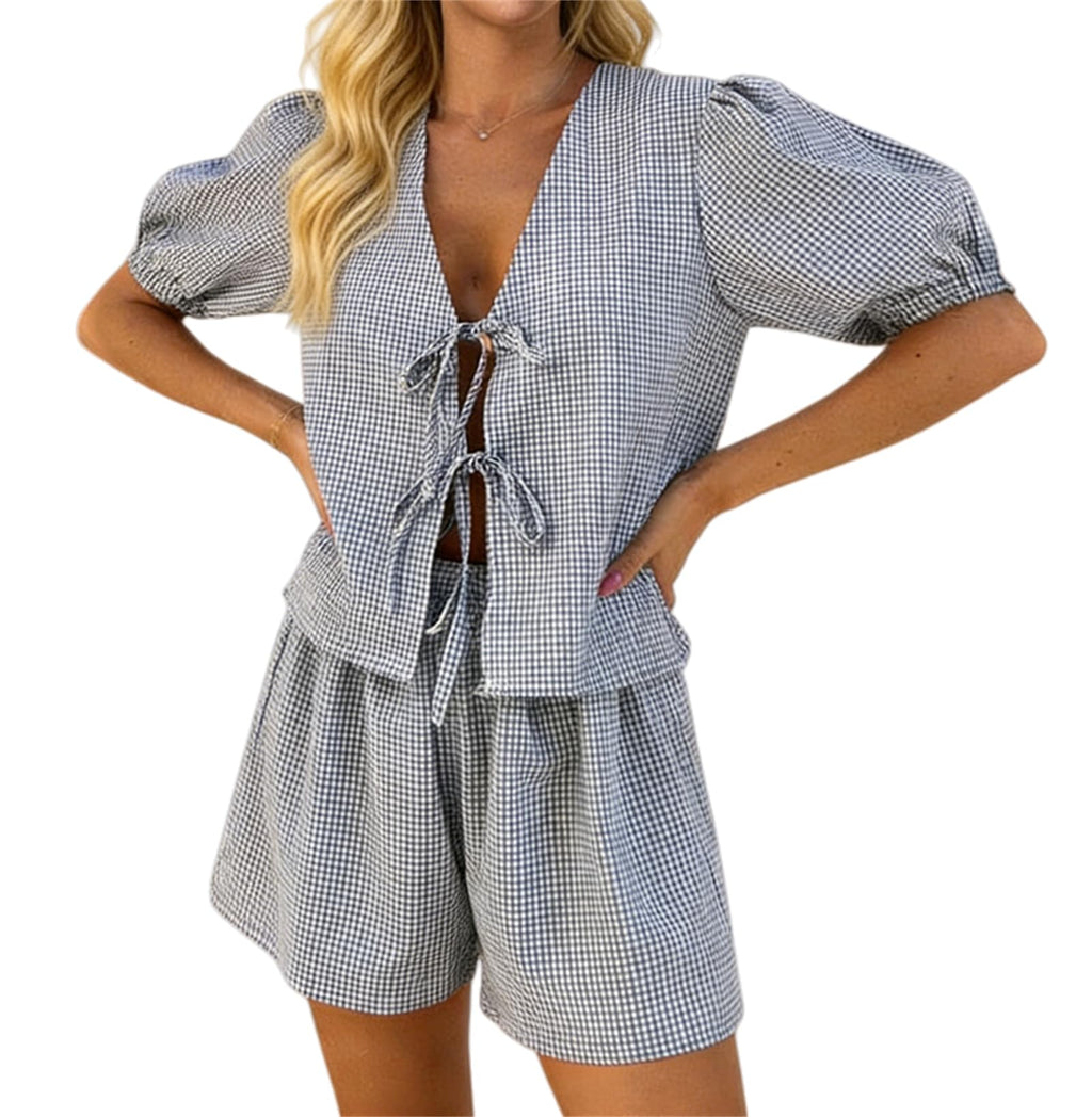 Yuemengxuan Women Y2k Peplum Shirt Shorts Set Two Piece Lounge Set Pajamas Sets Puff Sleeve Tie Front Top 2pcs Pj Outfits