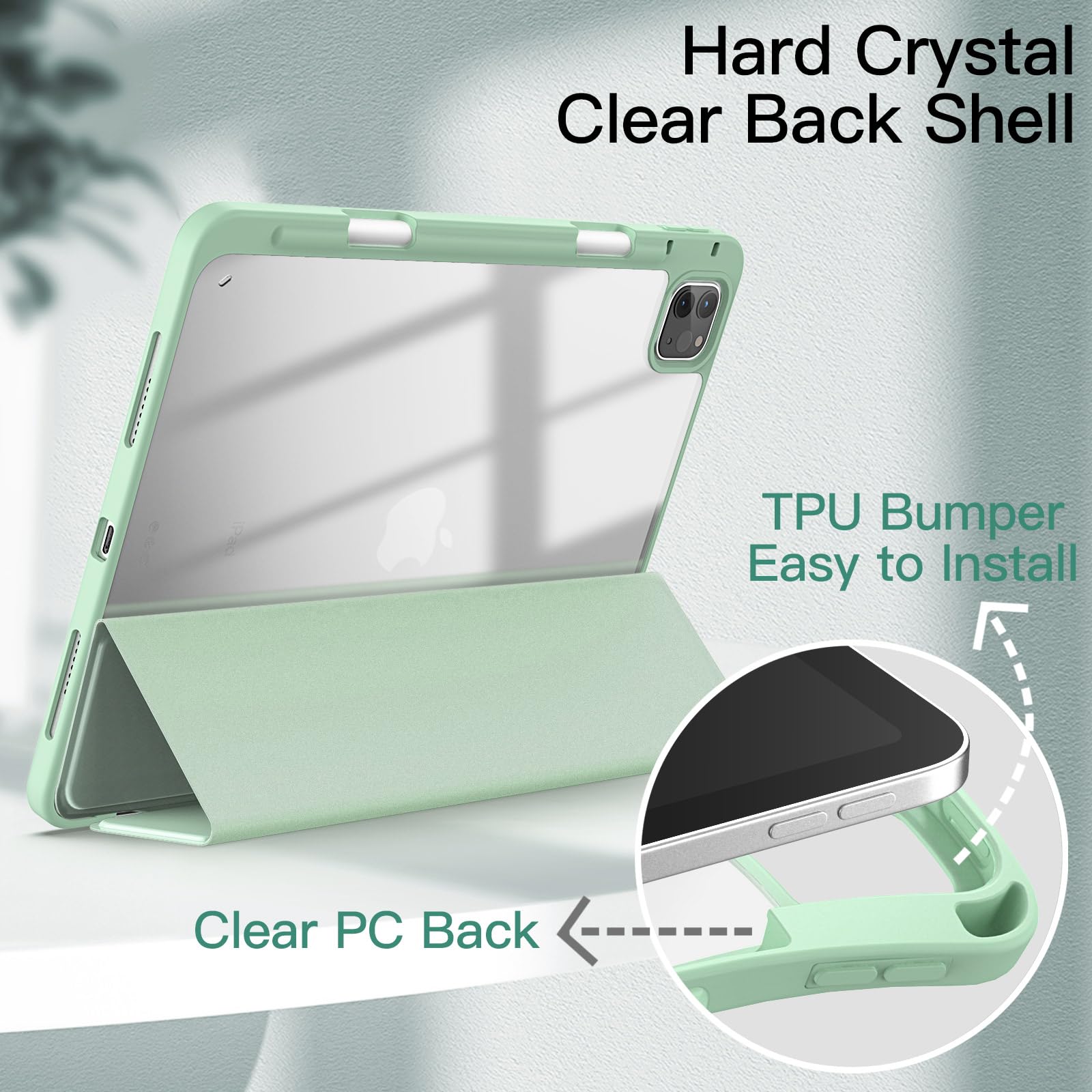 JETech Case ONLY for iPad Pro 11 Inch (2022/2021/2020/2018) with Pencil Holder, Clear Transparent Back Shell Slim Stand Shockproof Tablet Cover, Auto Wake/Sleep (Black)