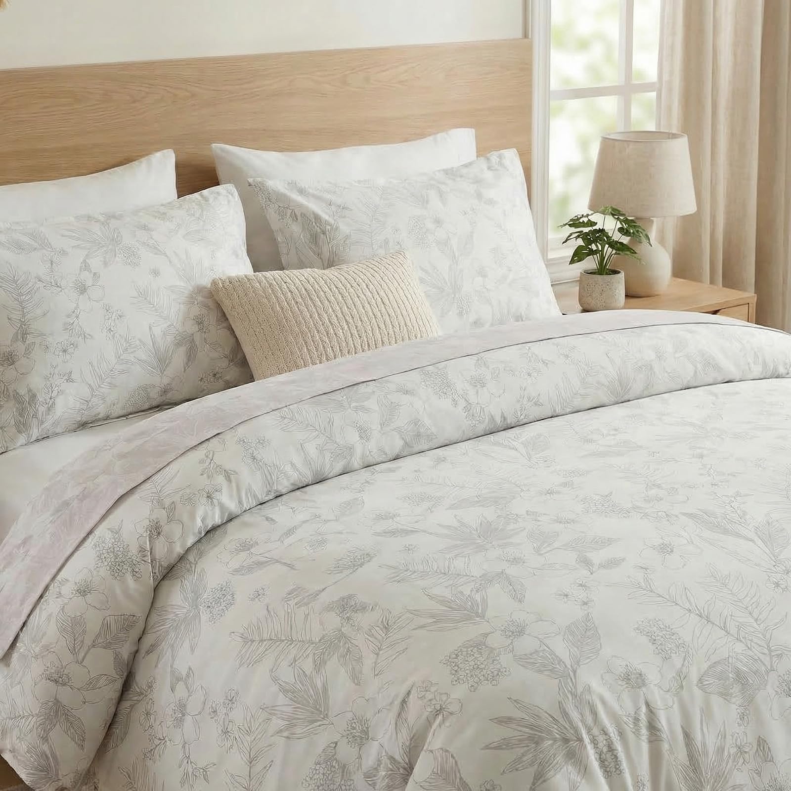 100% Natural Cotton Comforter Set Queen 3 Pcs Grayish Blue Bedding Sets with Luxurious Damask Pattern, Reversible Breathable Soft Comforter Sets for All Season