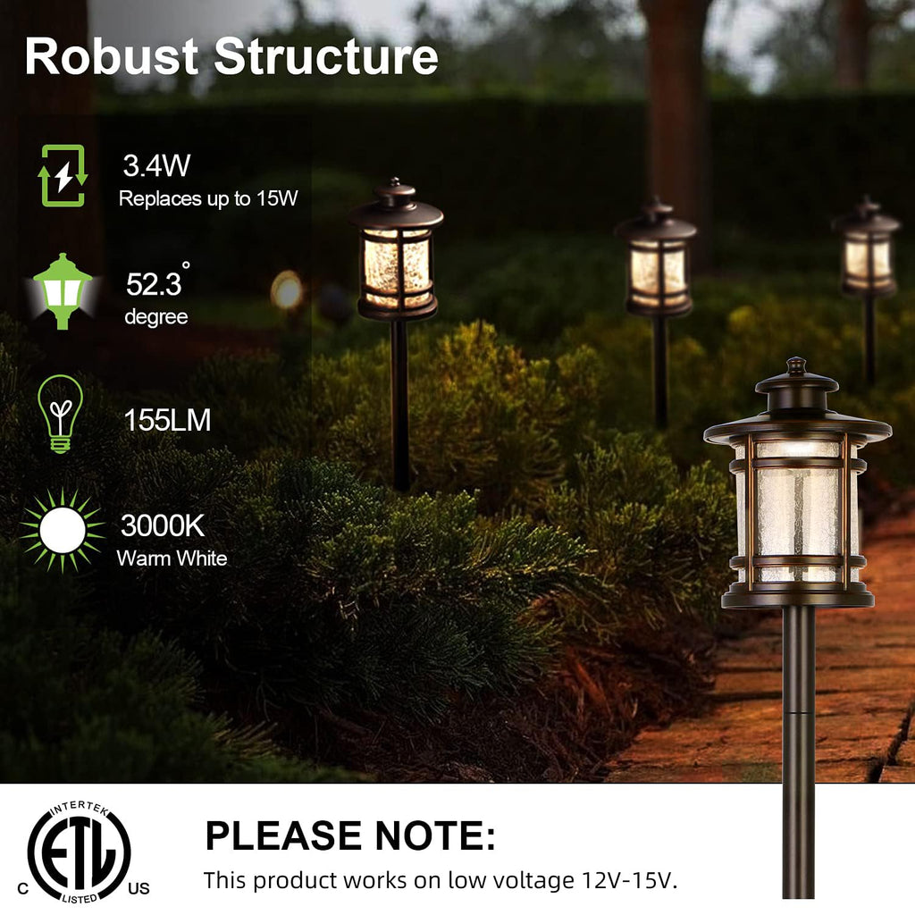 hykolity Low Voltage ORB LED Landscape Path Light with Crackled Glass Shade, 3.4W 155LM 12V-15V Wired Outdoor LED Walkway Light, Die-cast Aluminum Construction, 30-Watt Equivalent, 6 Pack