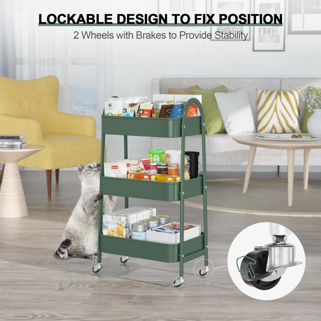 EAGMAK 3 Tier Rolling Cart, Large Metal Storage Cart with Handle and Lockable Wheels, Big Multifunctional Storage Organizer Trolley with Mesh Baskets for Kitchen, Living Room, Office, Garage (Beige)