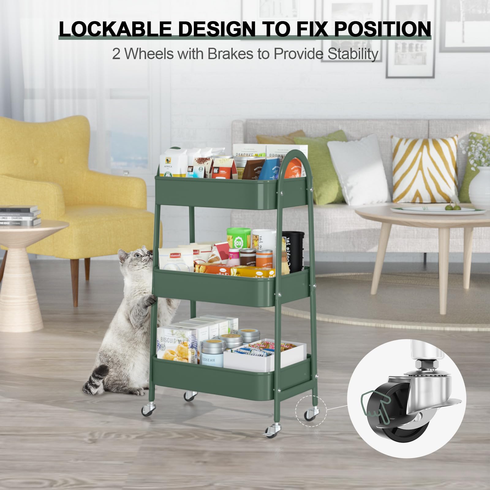 EAGMAK 3 Tier Rolling Cart, Large Metal Storage Cart with Handle and Lockable Wheels, Big Multifunctional Storage Organizer Trolley with Mesh Baskets for Kitchen, Living Room, Office, Garage (Beige)