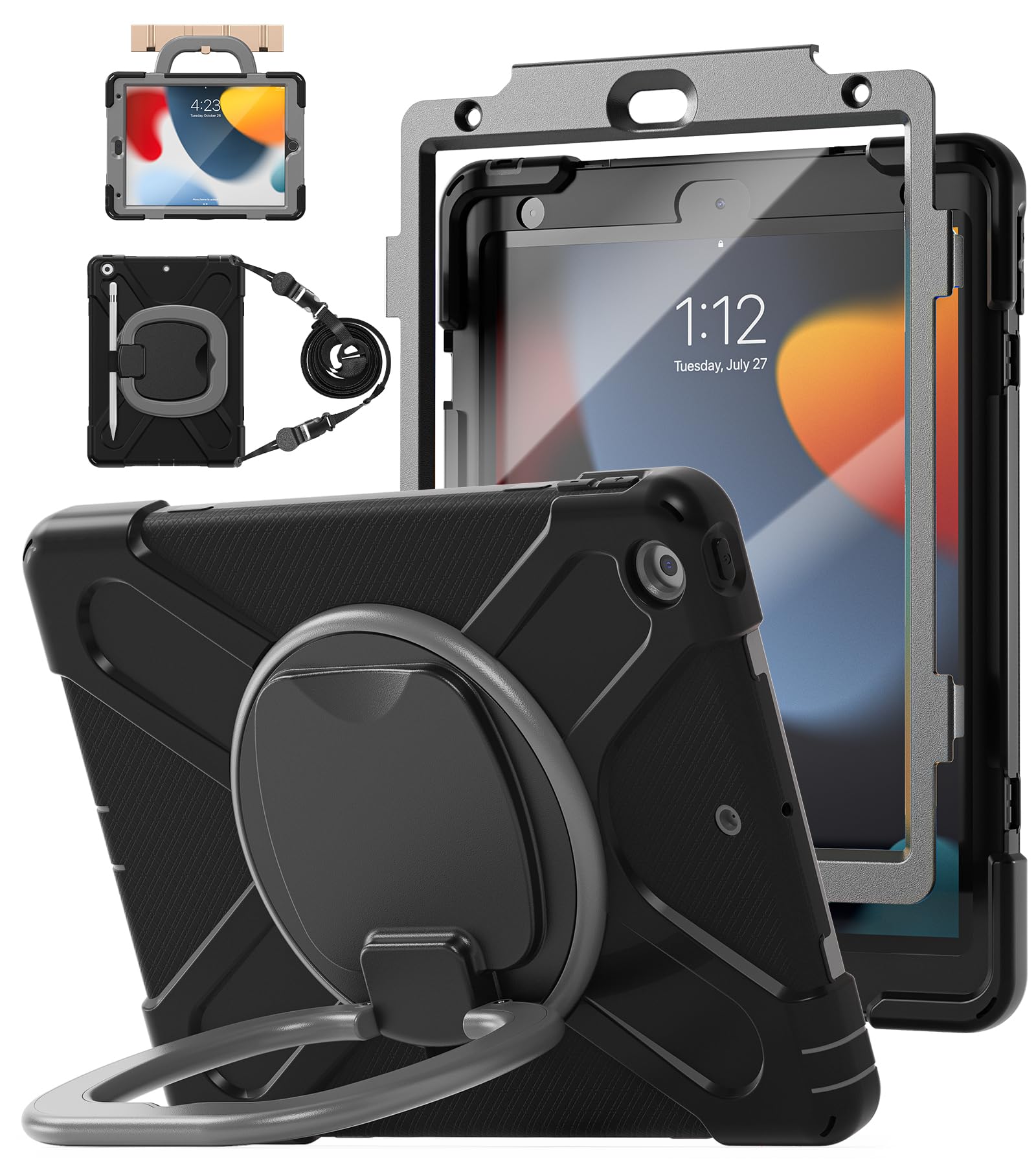 BATYUE for iPad 9th/ 8th/ 7th Generation Case (iPad 10.2 inch Rugged Case 2021/2020/2019) with Screen Protector, Rotating Stand/Pencil Holder/Carrying Shoulder Strap (Colourful Pink)