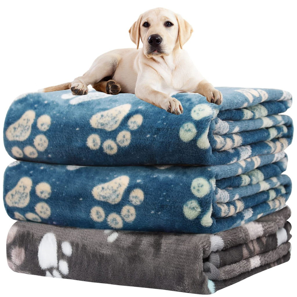 Rezutan 1 Pack 3 Dog Blanket for Large Dogs,41x31 inch for Medium Soft Fluffy Washable Pet Cat Blankets,Reversible Elephant & Paw Print for Dog Kennels & Beds, Sofas, Blue