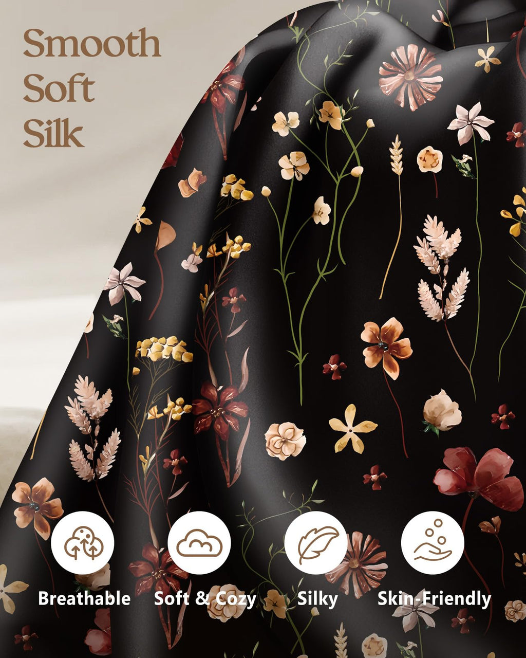 Miss Adola 2 Pack Mulberry Silk Pillowcase for Hair and Skin - Standard Size 20 x 26 Inches with Hidden Zipper Beige Flower 19 Momme Soft Sleeping Silk Pillow Case for Women, Moms