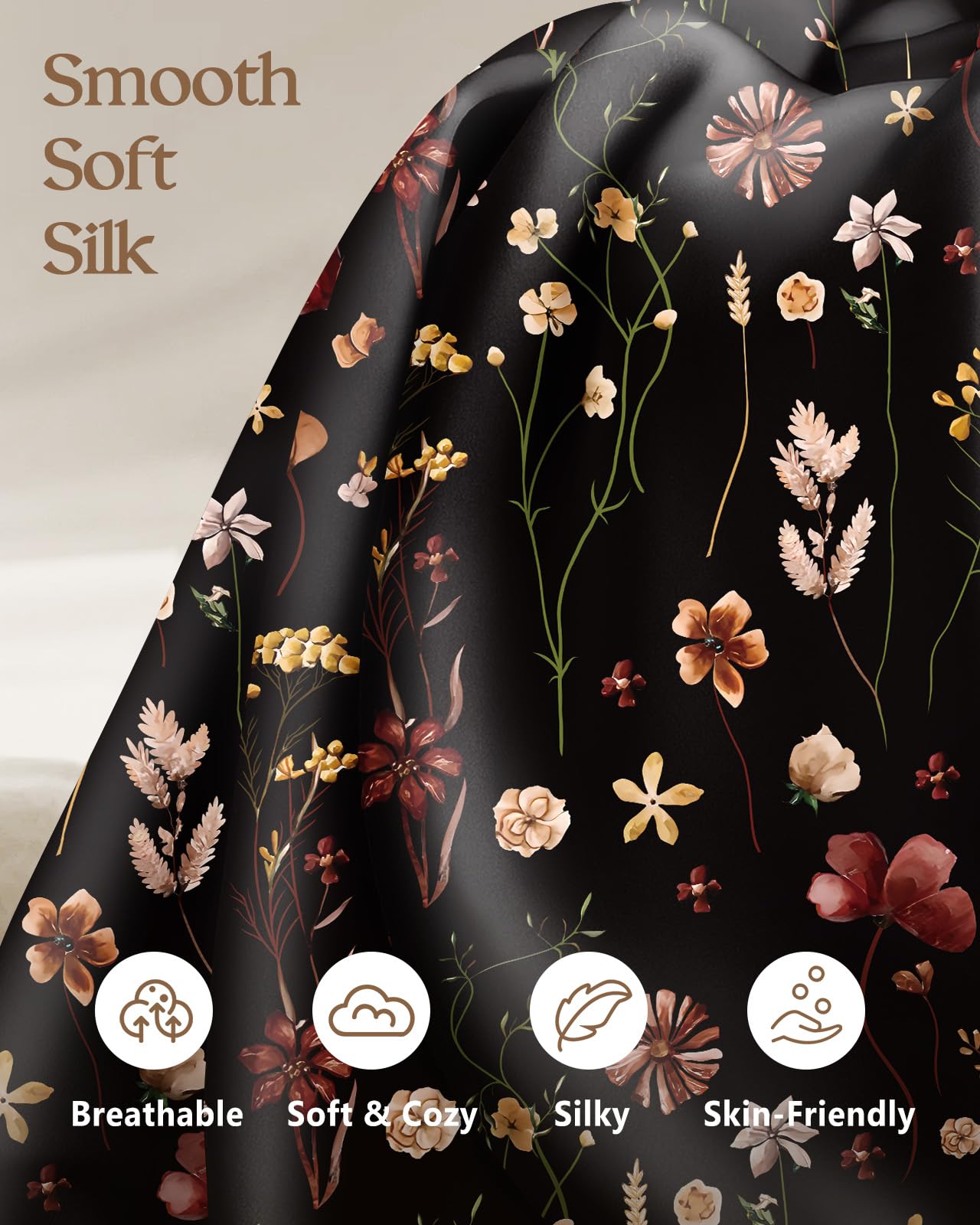 Miss Adola 2 Pack Mulberry Silk Pillowcase for Hair and Skin - Standard Size 20 x 26 Inches with Hidden Zipper Beige Flower 19 Momme Soft Sleeping Silk Pillow Case for Women, Moms