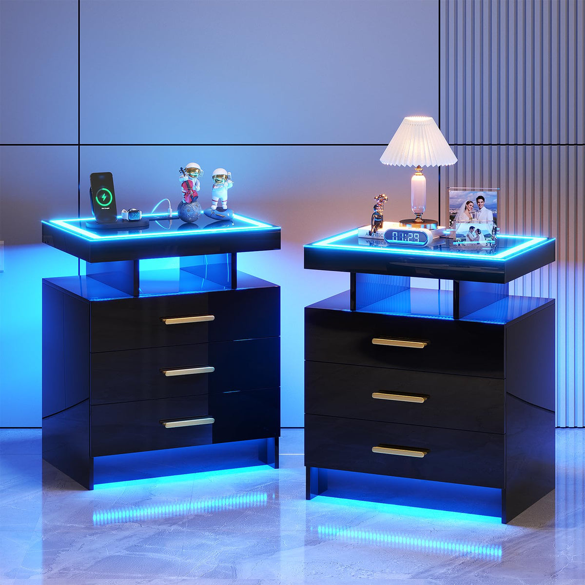 HNEBC LED Nightstand with Charging Station,Smart Bedside Table with Motion Sensor Lights,3 Drawers,Tempered Glass Top,High Gloss End Table with 3 Color Lights for Bedroom, Living Room,Office-Black