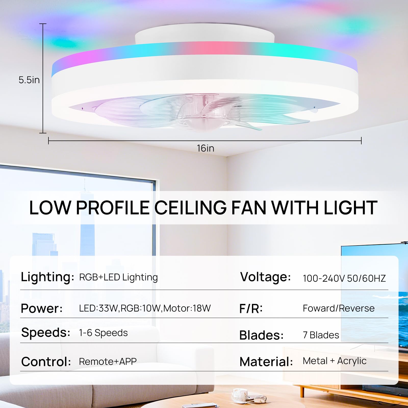 16 Inch RGB Low Profile Ceiling Fans with Lights, Modern Flush Mount Fandelier Chandelier Fixture, Remote & APP Control, Black LED Ceiling Fan Light for Bedroom, Living Room, Kitchen Indoor