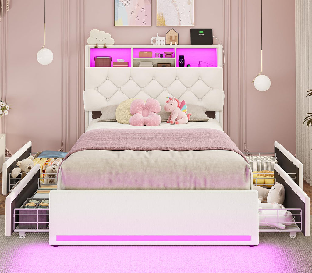 BTHFST Twin Bed Frames with Headboard & 4 Drawers, LED Bed Frame Twin with Charging Station, Upholstered and Metal Twin Bed with Storage, No Box Spring Needed, Black PU