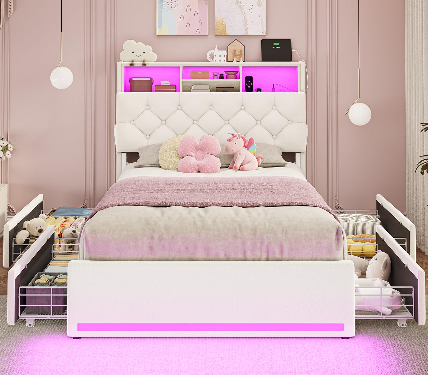 BTHFST Twin Bed Frames with Headboard & 4 Drawers, LED Bed Frame Twin with Charging Station, Upholstered and Metal Twin Bed with Storage, No Box Spring Needed, Black PU