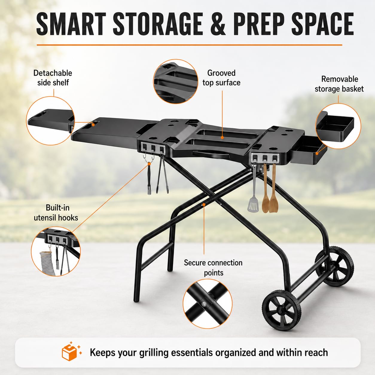 GRISUN Foldable Grill Table Stand for Ninja Woodfire Outdoor Grill（OG700/701/751), Portable Camping Table for Blackstone 22", Portable BBQ Stand with 2 Wheels, Side Table & Storage Basket