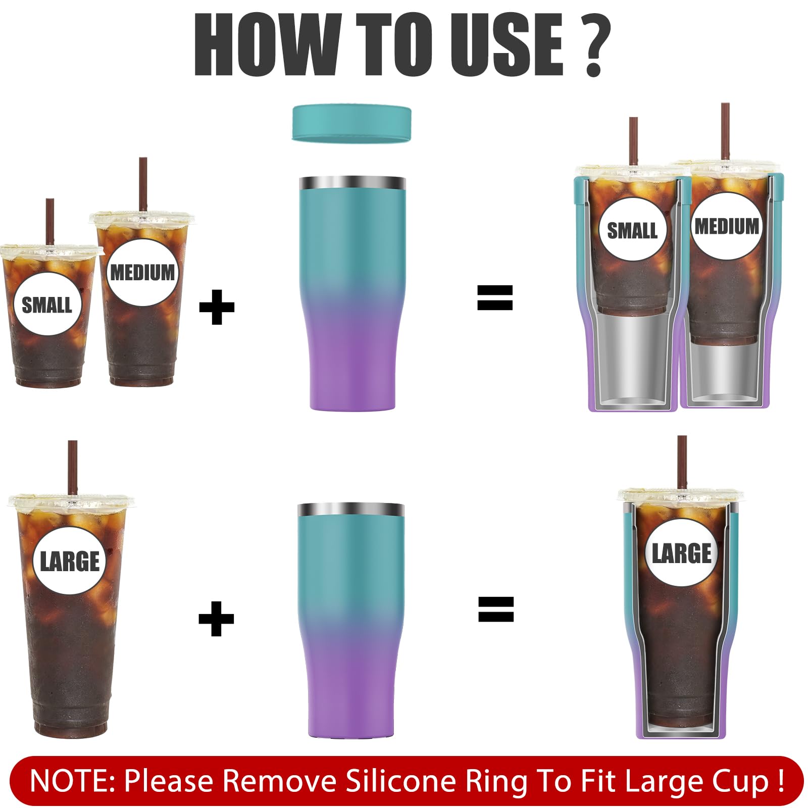 Universal Iced Coffee Sleeve - Upgraded Double Wall Reusable Stainless Steel Holder Sleeves Insulator for Cold Drinks Fits Starbucks Dunkin Donuts McDonalds Small Medium Large Cup (Aurora)