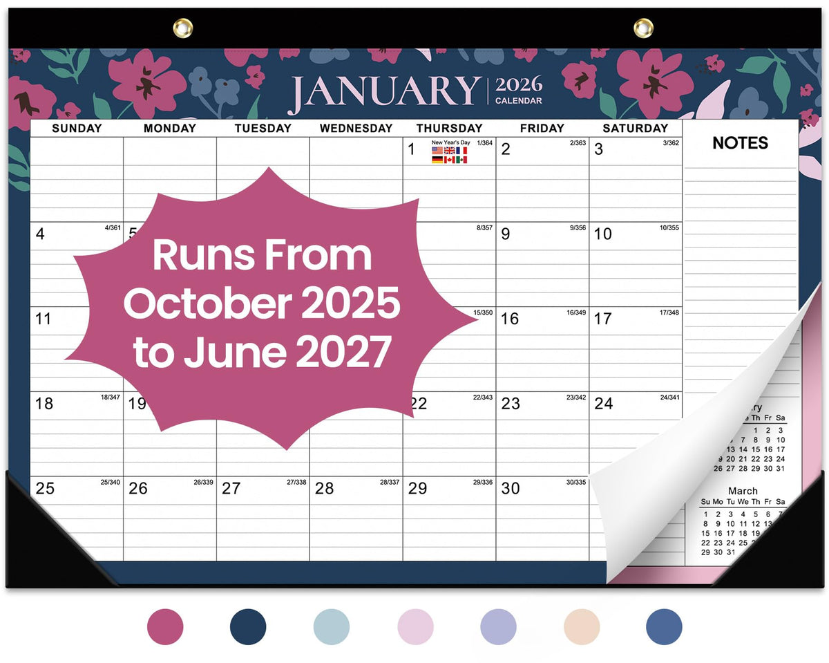 Desk Calendar 2026-2027, 21-Month Calendar Runs Until June 2027, Large 17" x 12" Monthly Desktop & Wall Calendar for Home & Office - Floral