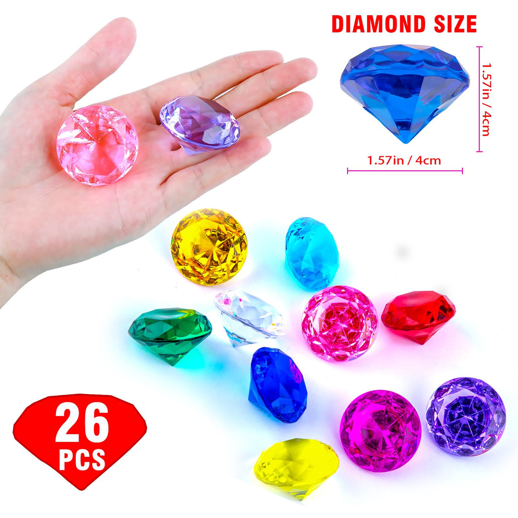 Niceup 26PCS Blue Fake Diamonds Gem Toys, 1.5in Pool Diving Gems Acrylic Plastic Gemstones for Kids, Party Décor Jewels Treasure Hunt Hiding Sensory Bin Filler Toys Craft Supplies