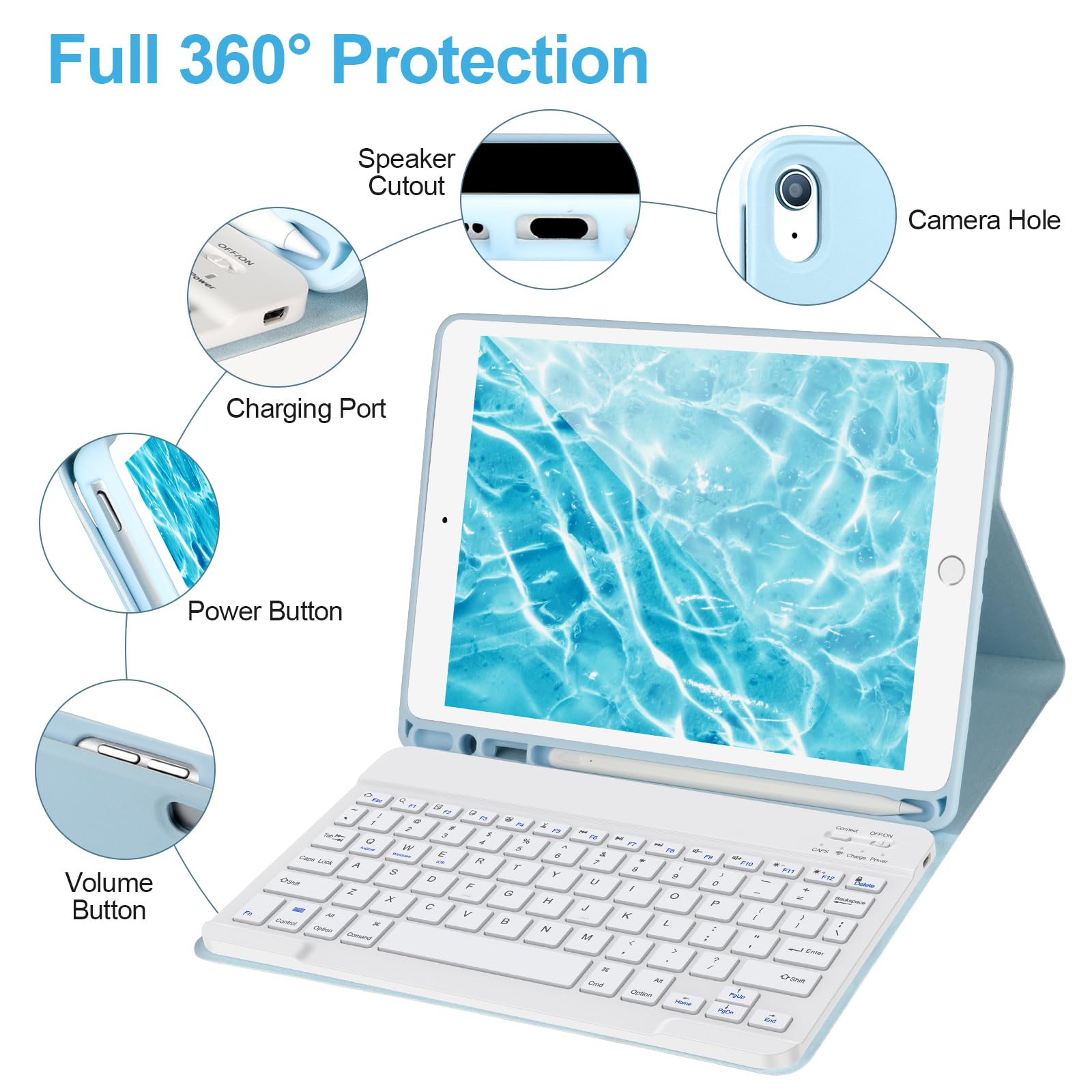 AHYWTAN Keyboard Case for iPad 9/8/7th Gen 10.2, Bluetooth Keyboard with 7 Color Backlit, iPad 10.2 inch Case with Keyboard, Pencil Holder, Black-L
