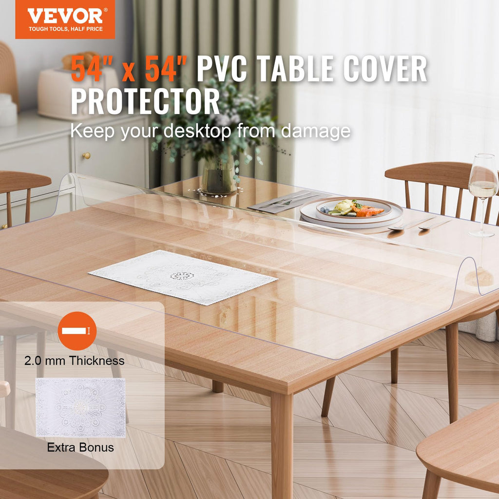 VEVOR Clear PVC Square Tablecloth, 12" x 12", 1.5mm Thick, Waterproof, Stain Resistant, Durable, Desk, Coffee Table, Dining Room Table