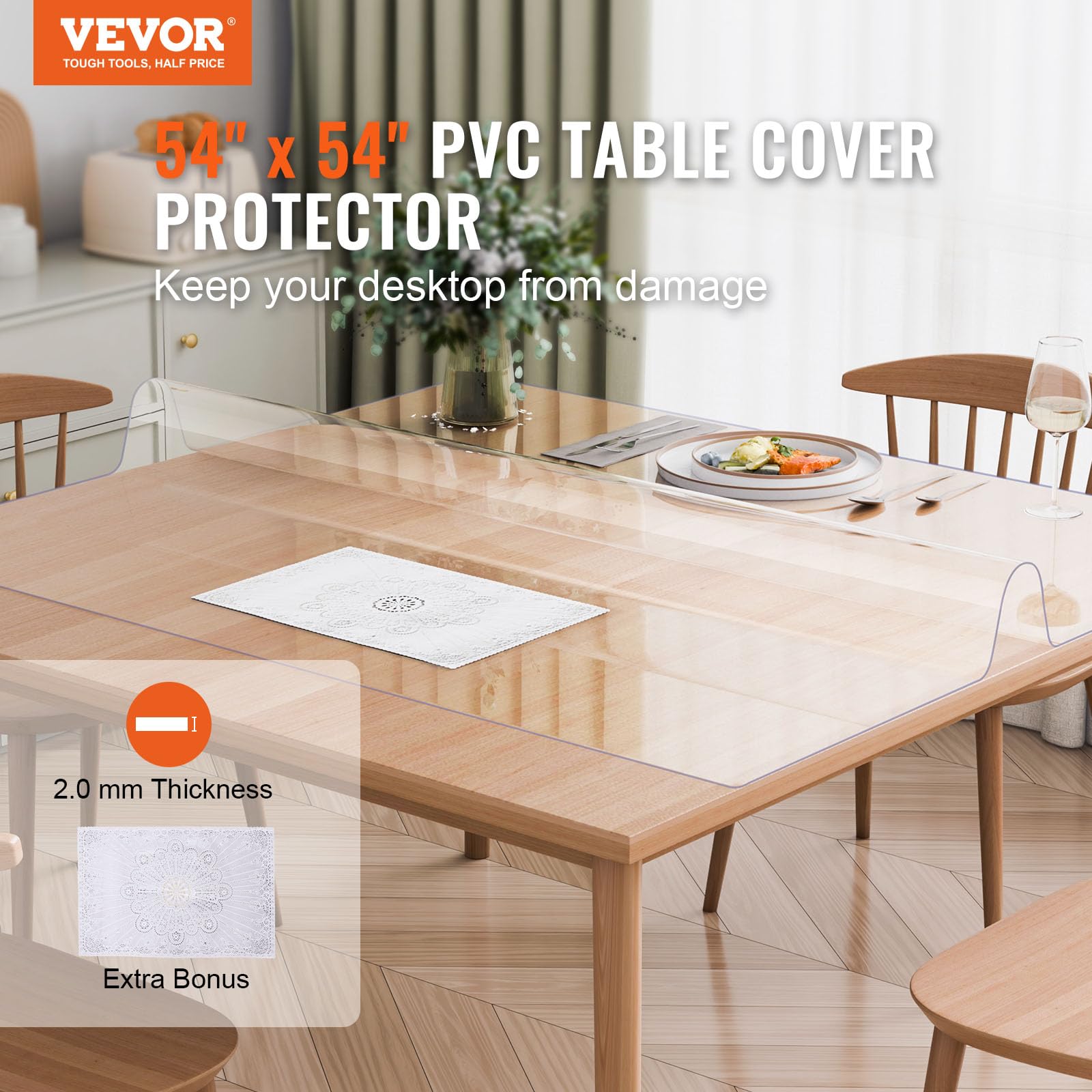 VEVOR Clear PVC Square Tablecloth, 12" x 12", 1.5mm Thick, Waterproof, Stain Resistant, Durable, Desk, Coffee Table, Dining Room Table