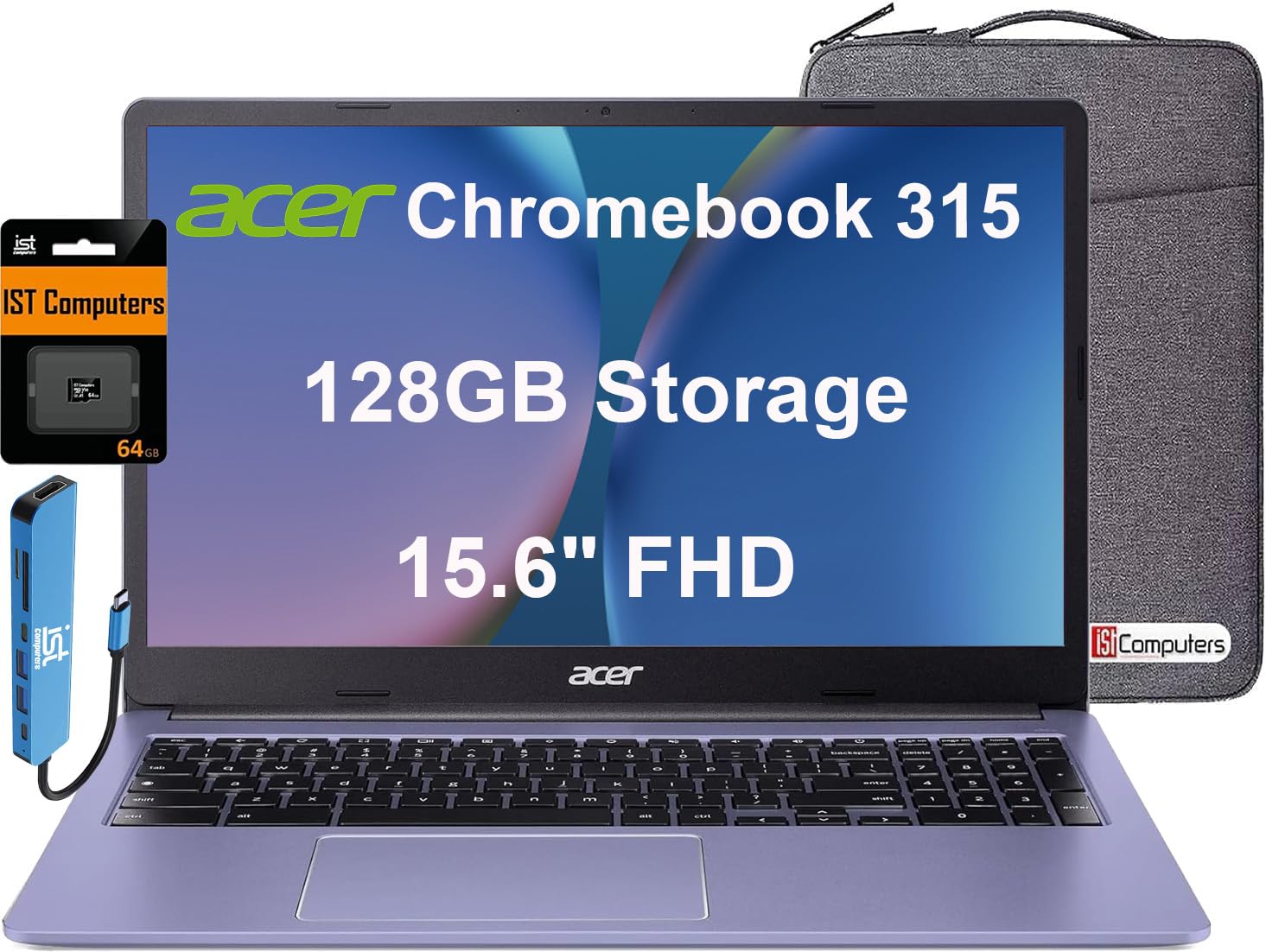 Acer Chromebook 315 (15.6" FHD, Intel Celeron N4500, 4GB RAM, 128GB Storage (64GB eMMC + 64GB SD Card) Home & Student Laptop, 10-Hr Long Battery Life, IST Hub, Wi-Fi 6, Webcam, Chrome OS, Purple
