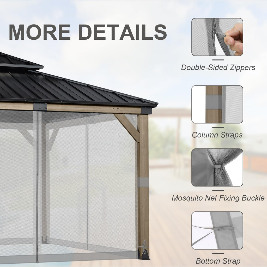BPS 10' x 10' Gazebo Universal Mosquito Netting Screen Replacement, 4-Panel Mesh Screen Walls with Double Zippers for Outdoor Patio, Khaki (Mosquito Net Only)