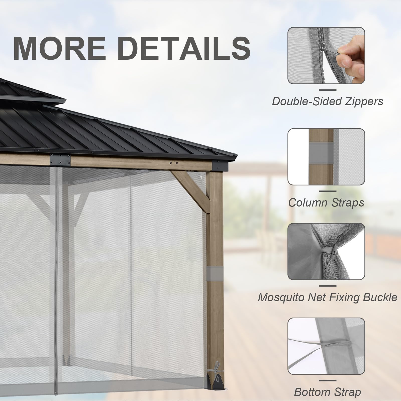 BPS 10' x 10' Gazebo Universal Mosquito Netting Screen Replacement, 4-Panel Mesh Screen Walls with Double Zippers for Outdoor Patio, Khaki (Mosquito Net Only)