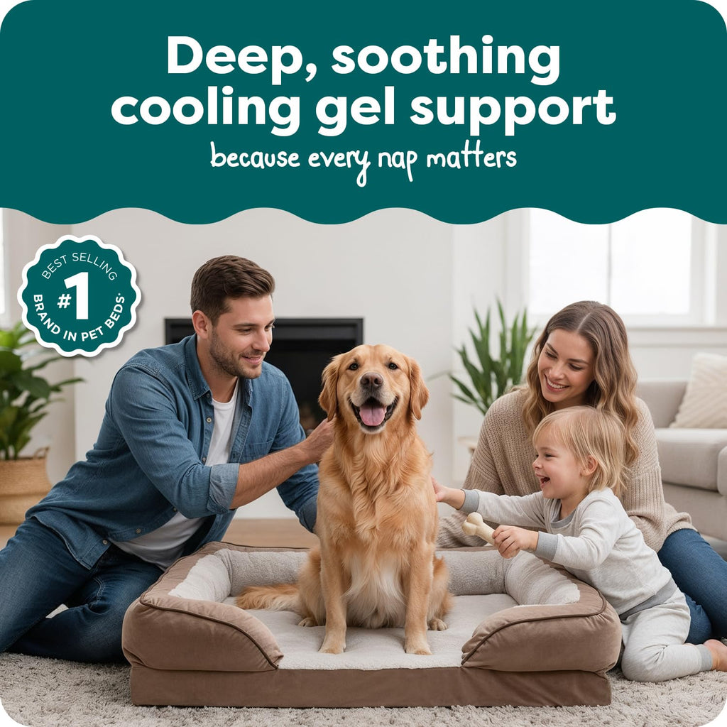 Furhaven Cooling Gel Dog Bed for Medium/Small Dogs w/ Removable Bolsters & Washable Cover, For Dogs Up to 35 lbs - Plush & Velvet Waves Perfect Comfort Sofa - Brownstone, Medium
