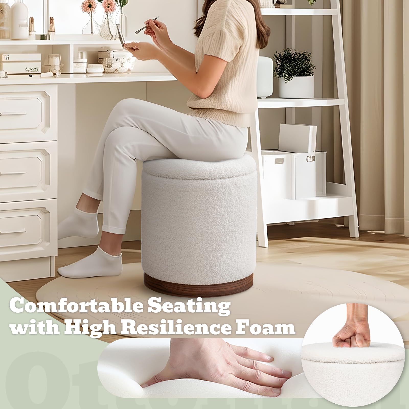 Joveco Boucle Round Ottoman with Storage,Vanity Stool with Storage for Bedroom, Ottoman Coffee Table,Small Boucle Foot Stool for Living Room, Black with Gold Plating