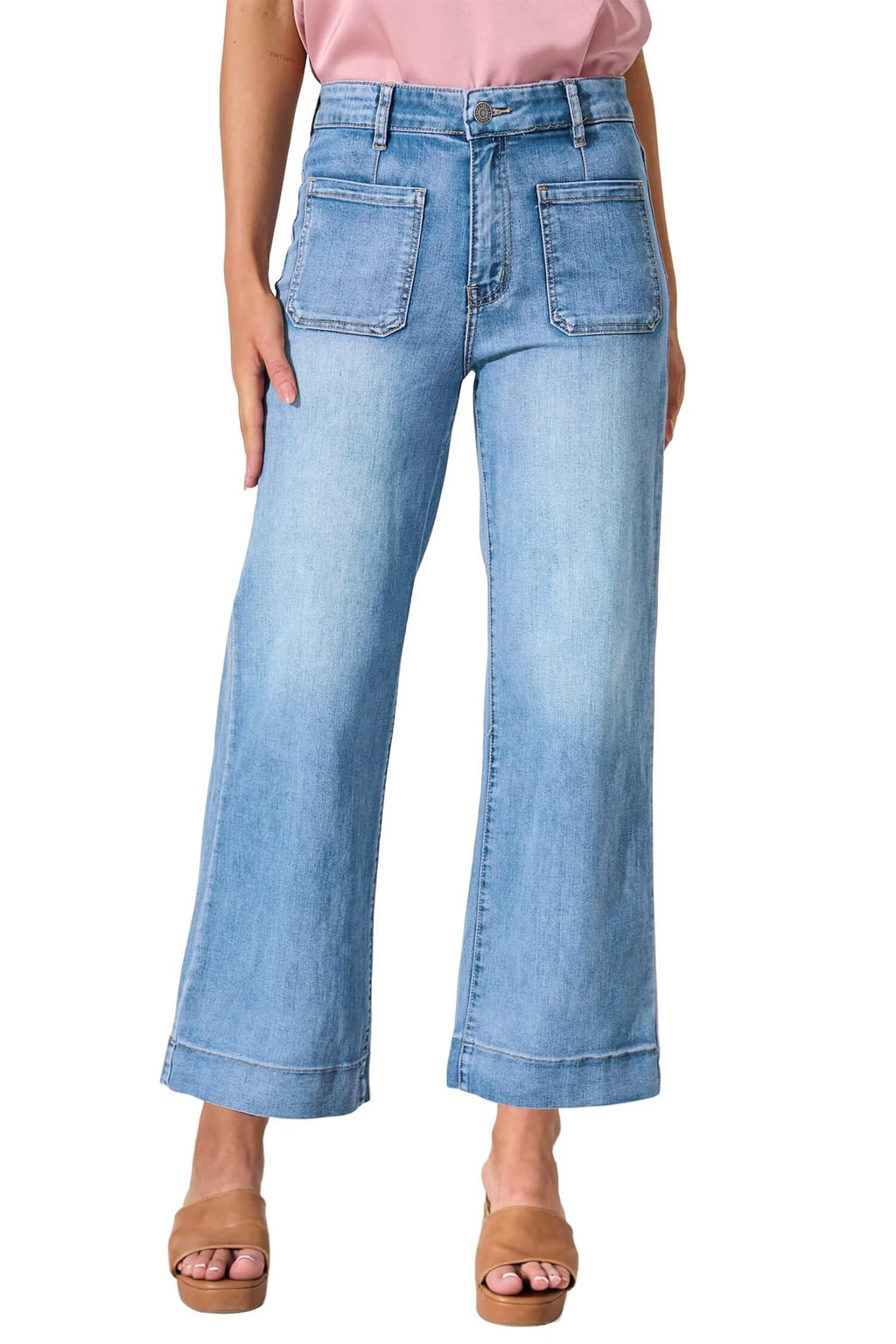 Allimy Women's High Waisted Cropped Wide Leg Jeans Stretchy Loose Denim Pants with Front Patch Pockets