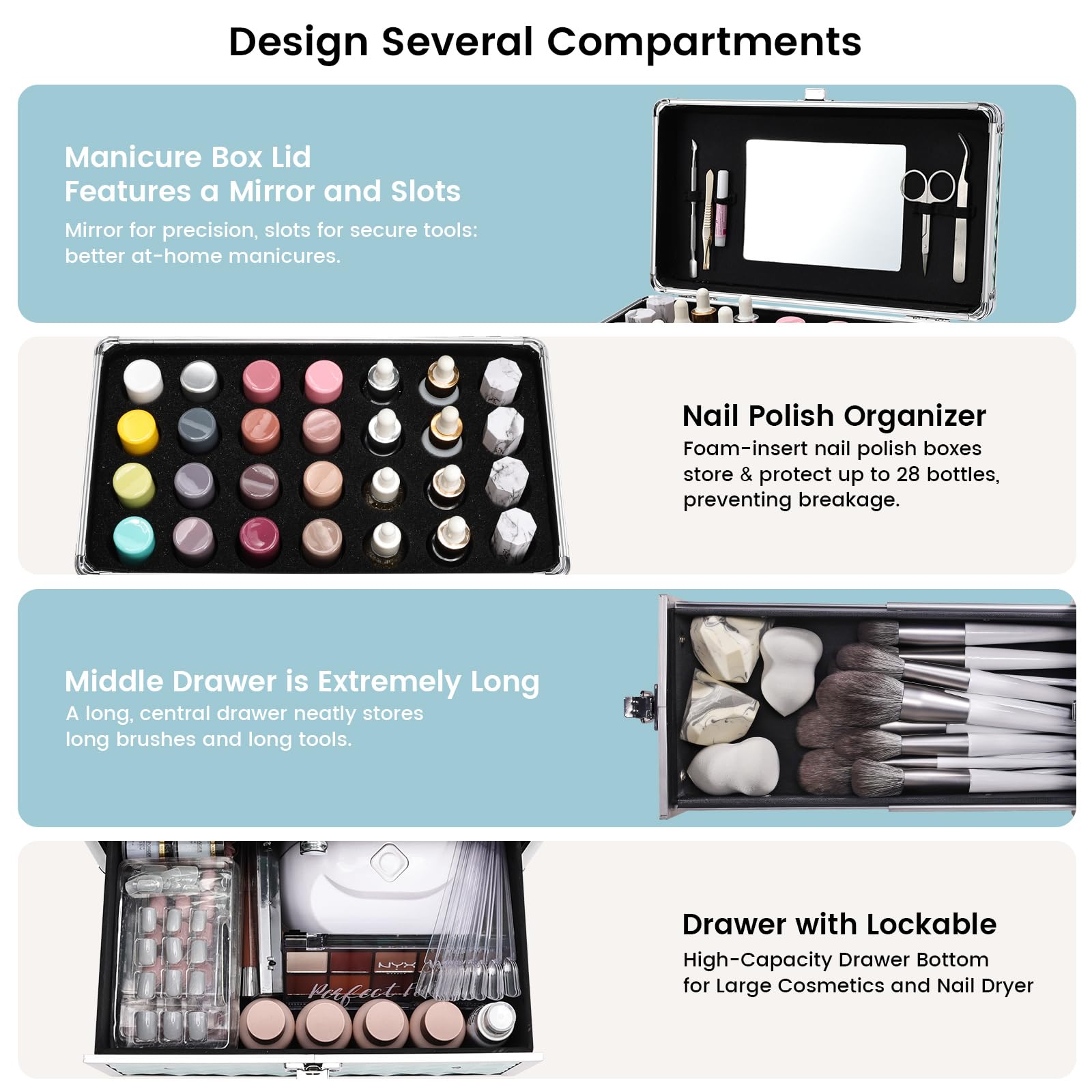 Frenessa Nail Polish Makeup Train Case with Drawer and Dividers Manicure Organizer Accessory Storage Makeup Box With Mirror Lockable Keys Nail Kit Organizer Cosmetic Case Jewelry Box - Black