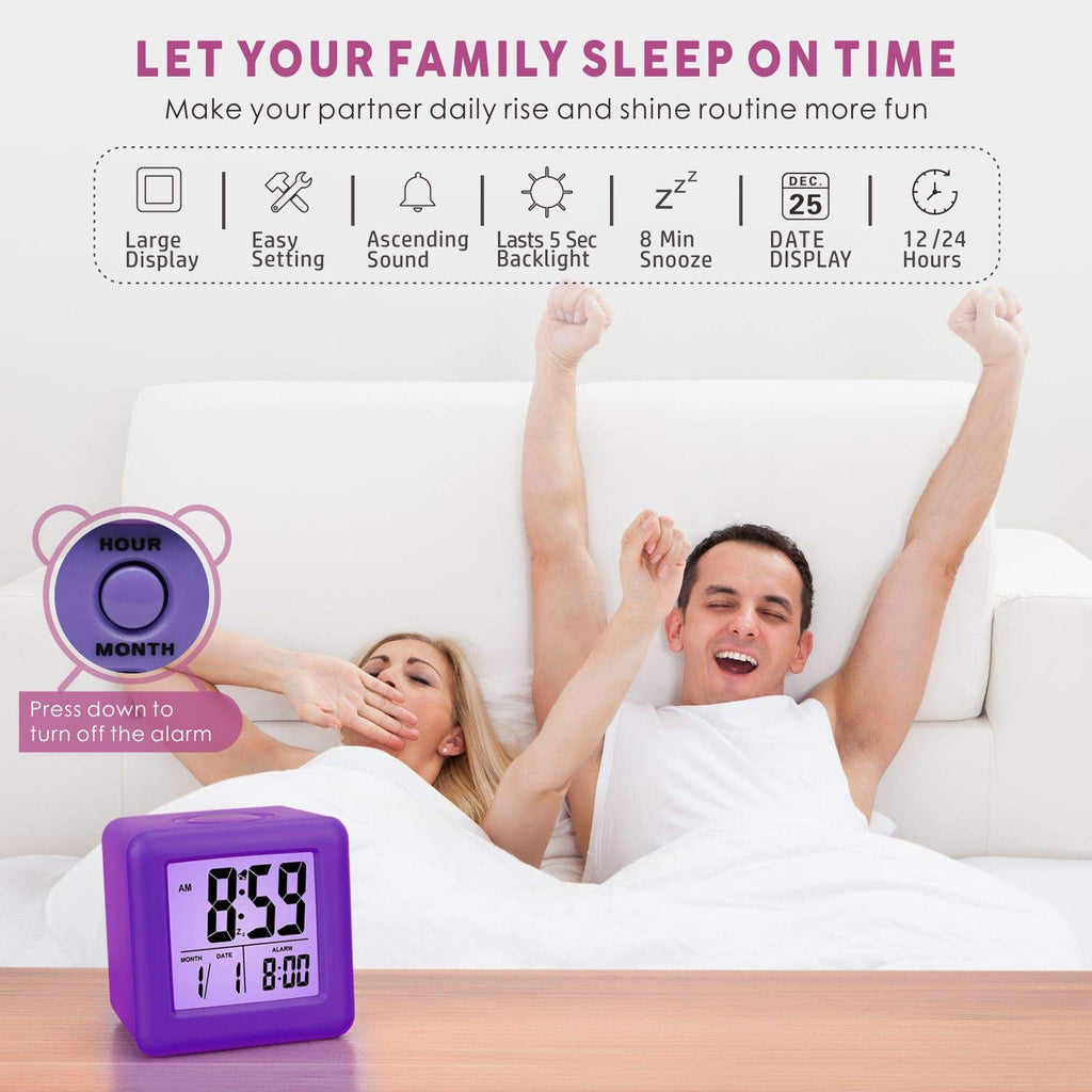 Plumeet Digital Alarm Clock Kids Clock with Snooze and White Nightlight - Easy Setting Travel Alarm Clocks Display Time, Date, Alarm - Ascending Sound - Battery Powered (Baby Blue)