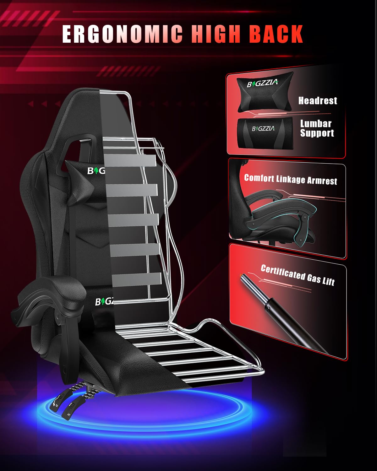 Bigzzia Gaming Chair with RGB LED Lights for Kids & Adults, High Back Ergonomic Computer Gamer Chair with Headrest and Lumbar Support, Racing Style Reclining Game Chair(Black)