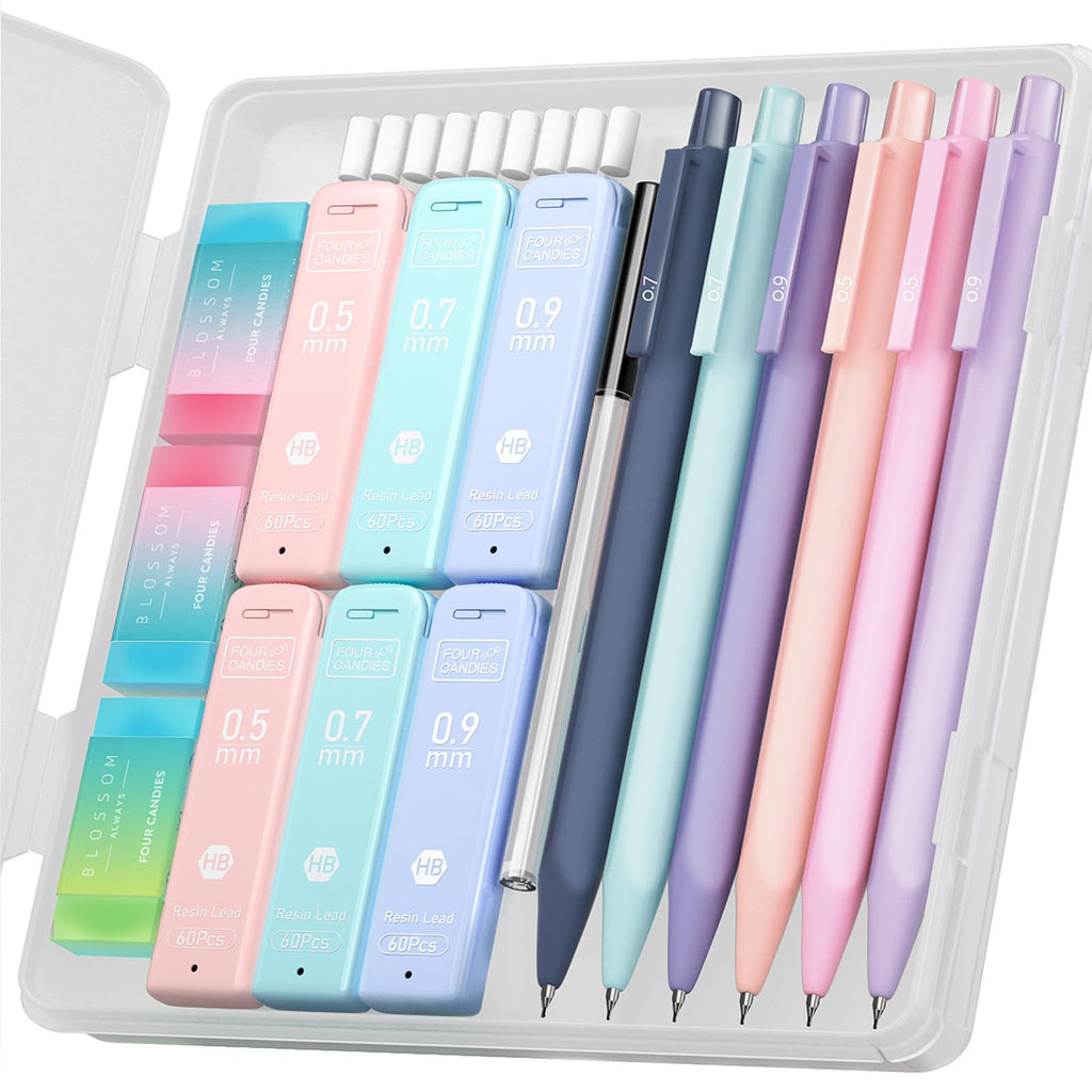 Four Candies Cute Mechanical Pencil Set, 6PCS Pastel Mechanical Pencils 0.5 & 0.7mm with 360PCS HB Leads, 3PCS Erasers and 9PCS Eraser Refills, Aesthetic School Supplies for Girls Writing