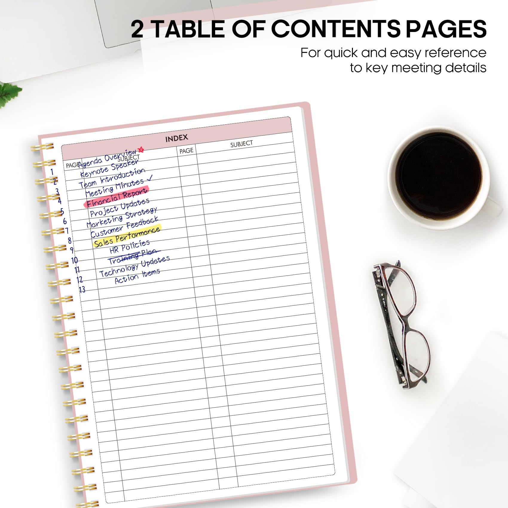 Meeting Notebook for Work Organization - Work Planner Notebook with Action Items, Agenda Planner for Note Taking, 160 Pages (6.9" X 9.9") Project Organizer for Men & Women - Pink