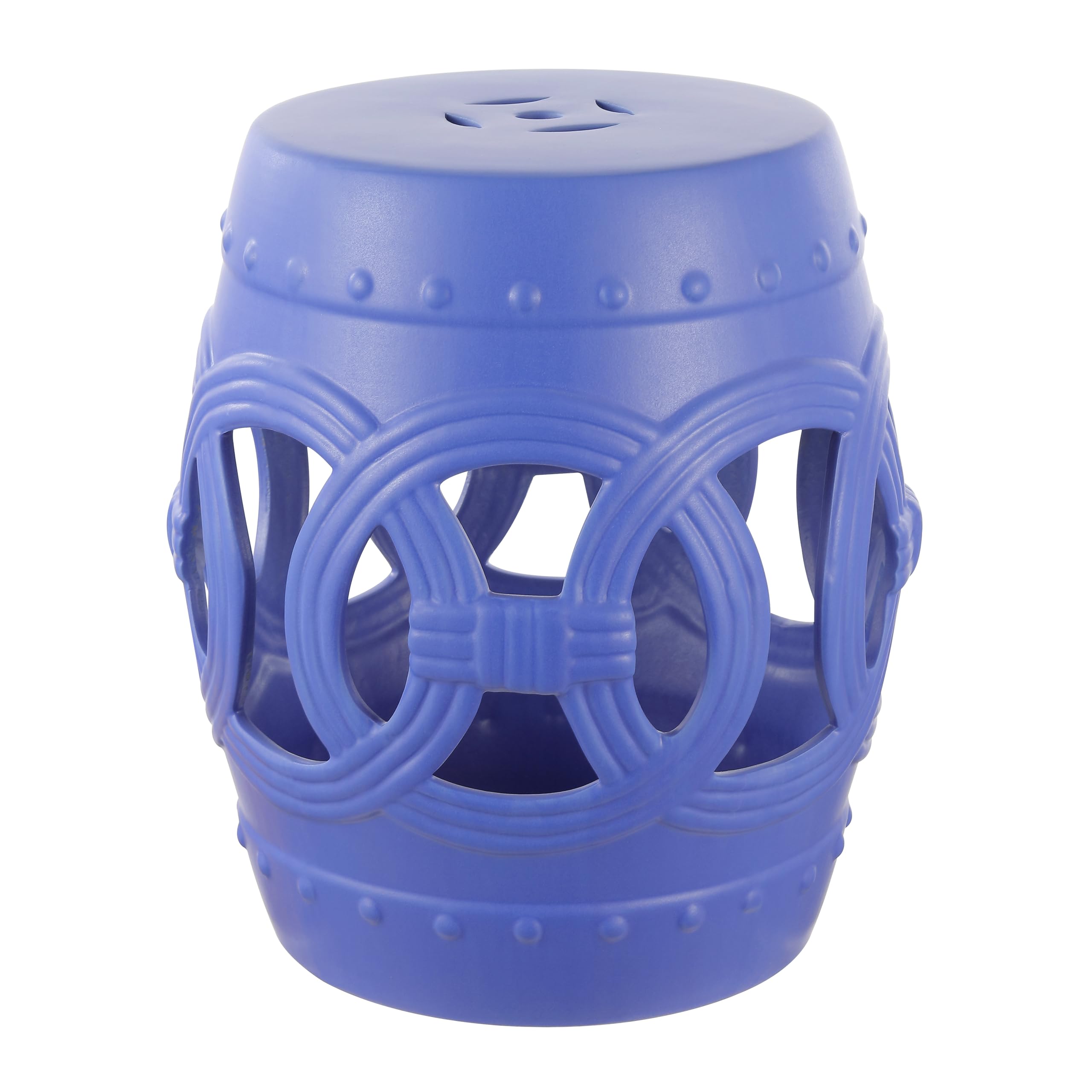 JONATHAN Y Lucky Coins 16" Ceramic Garden Stool, Contemporary Blue/White Cutout Interlocking Rings Drum Indoor/Outdoor Side Table and Plant Stand for Patio, Garden, Living Room TBL1027A