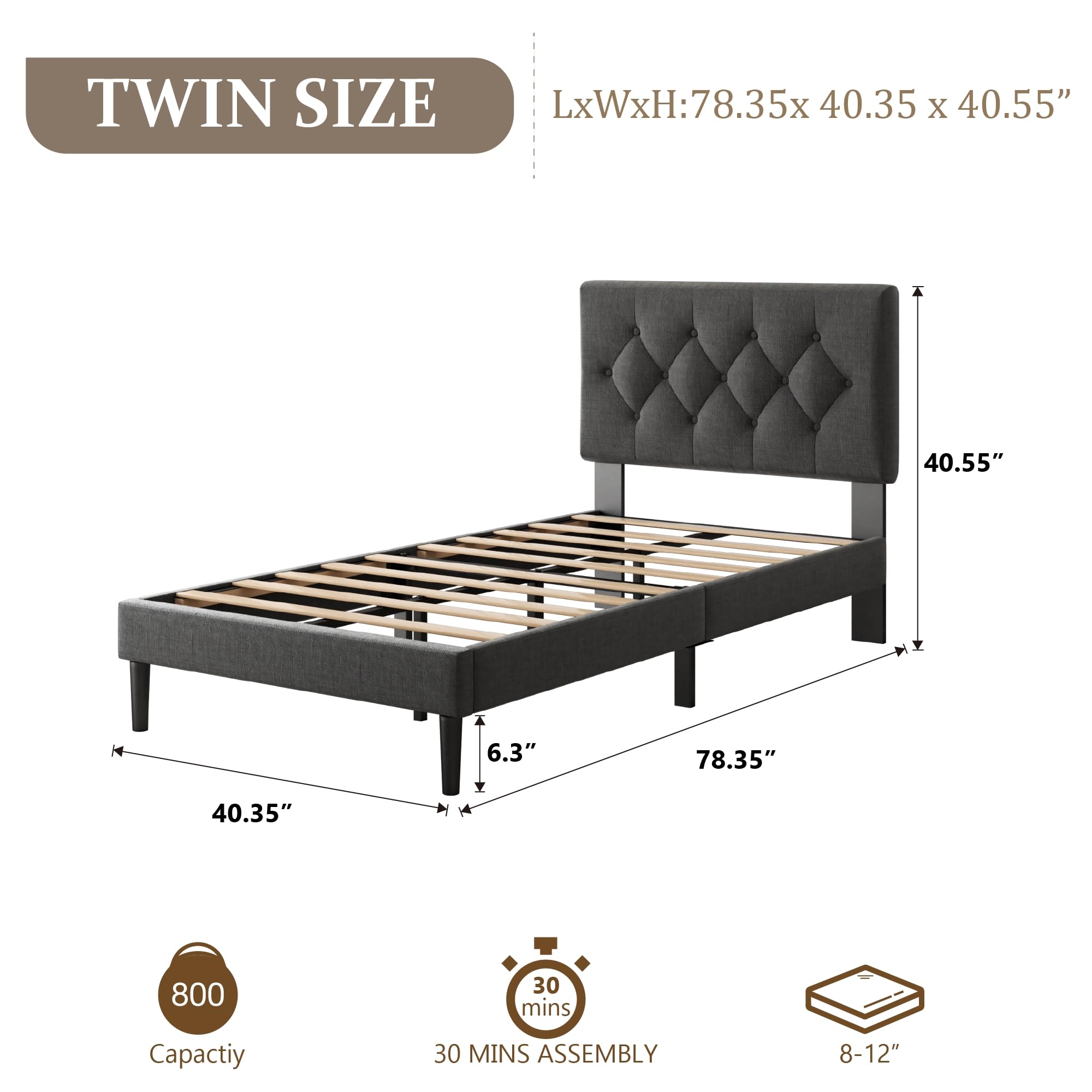 CXVX Full Size Platform Bed Frame with Upholstered Headboard, Button Tufted Design, Strong Wooden Slats, No Box Spring Needed, Easy Assembly, Noise Free